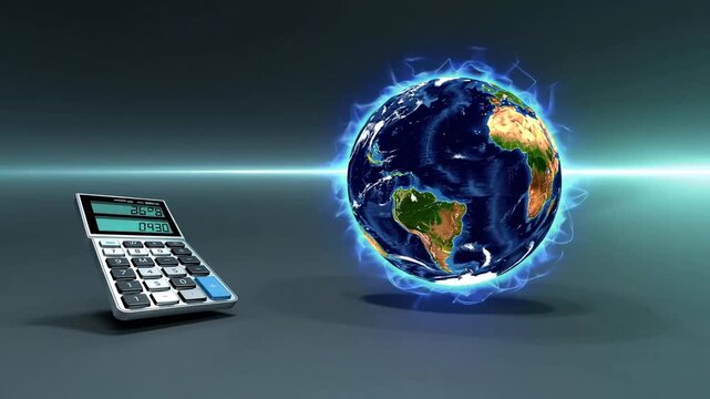 3D Calculator with Map Overlay on Colored Background for Financial and Geographic Analysis