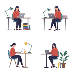 Fototapeta premium woman working on laptop in different office settings and positions at desk