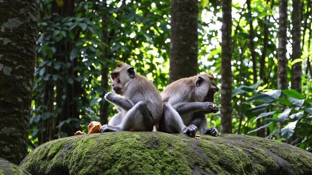 Two monkeys sitting on rock and eating fruit in the Sacred Monkey Forest Sanctuary in Bali, Indonesia, surrounded by lush green tropical greenery