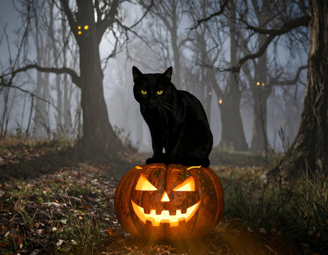 A black cat with glowing yellow eyes sits on a carved jack-o'-lantern in a mysterious, misty forest. Spooky Halloween scene with an eerie atmosphere. - Powered by Adobe