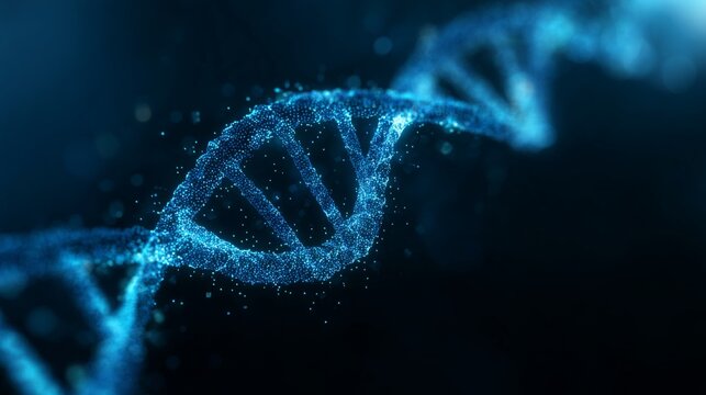 Blue dna double helix illustration on futuristic medical background with copy space for biotechnology, genetic research, and healthcare concept