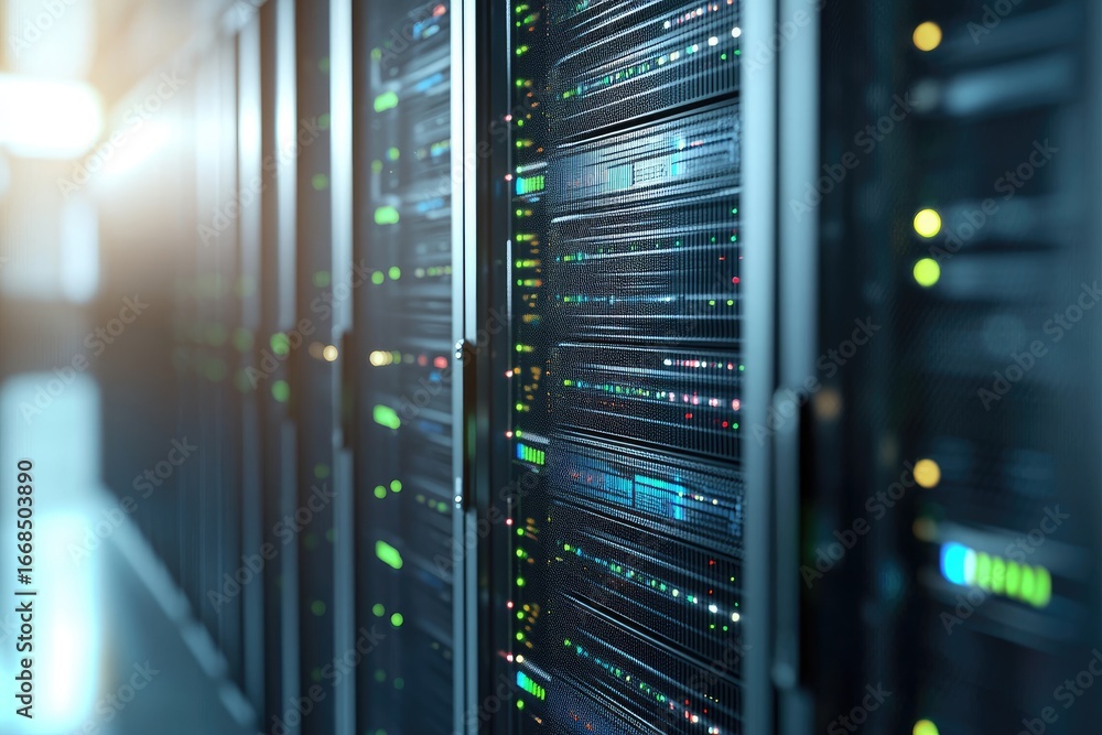 Poster glowing server racks in secure modern data center, symbolizing cloud hosting, storage, and digital i