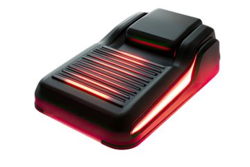 Futuristic black device with glowing red accents