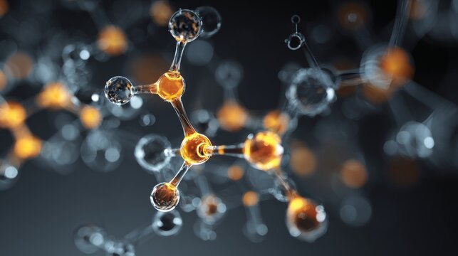 Abstract glowing atom and molecule structure on futuristic blue background representing scientific research, nanotechnology, quantum physics, molecular biology, biotechnology, and healthcare innovatio