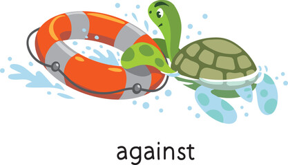 Preposition of place. Turtle AGAINST the lifebuoy