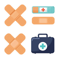 First aid kit and bandages for medical care and injury treatment