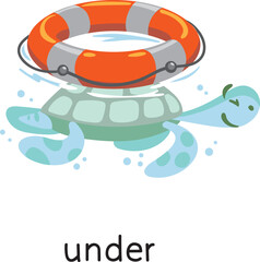 Preposition of place. Turtle UNDER the lifebuoy