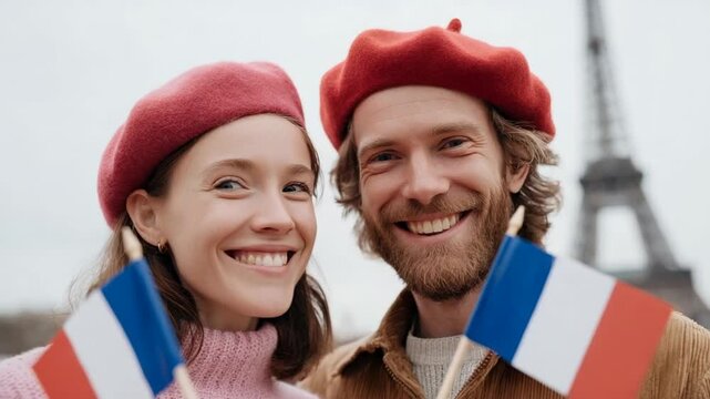 Smiling couple with French flags, celebrating a holiday near the Eiffel Tower, exuding a joyful Parisian vibe, Caucasian man and woman in red berets