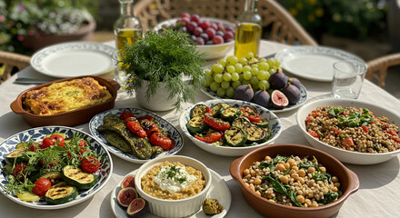 A vibrant display of delicious dishes artfully arranged on a dining table, offering a feast for the senses. Featuring a variety of fresh ingredients and culinary delights, with plates, cutlery.