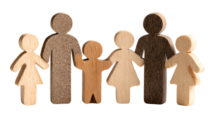 Wooden family figures diverse parents children unity