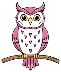 Cute pink owl cartoon perching on a tree branch with triangle speckled chest feathers