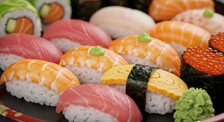 An array of colorful sushi presented on a black tray. The sushi features various toppings, including salmon, tuna, and shrimp, along with other delightful ingredients