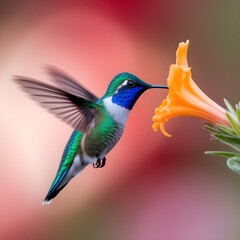 Obraz premium Tiny hummingbird with iridescent feathers drinks nectar from an orange flower.