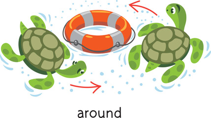 Preposition. Turtles are swimming AROUND lifebuoy