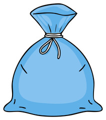 Cartoon light blue drawstring sack with a tied rope on white, vector illustration