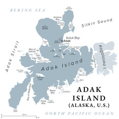 Adak Island, Alaska, United States, gray political map. Also Father Island, part of the Andreanof Islands, which is part of the Aleutian Islands in Alaska. With Adak, the westernmost city of the U.S.