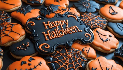 Delicious halloween cookies with orange and black icing decorations