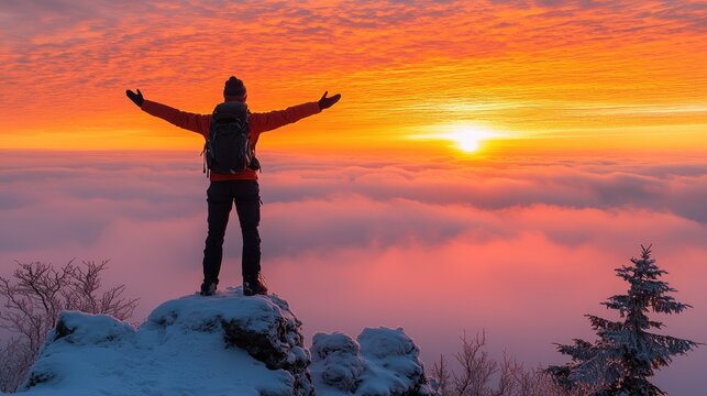 Hiker standing on snow-capped mountain peak with arms outstretched at sunrise over sea of clouds, frosty trees and winter landscape for adventure content, motivational visuals