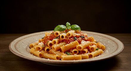 Delicious pasta dish with tomato sauce, basil leaves, and grated cheese, creating an inviting culinary scene. The pasta is served in a ceramic plate