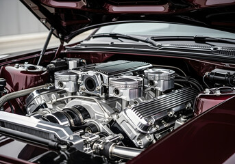 Fototapeta premium Powerful engine of a luxury car, showcasing precision engineering and automotive design
