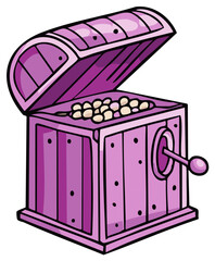 Vibrant Purple Cartoon Treasure Chest Open with White Pearls and a Side Dispensing Lever