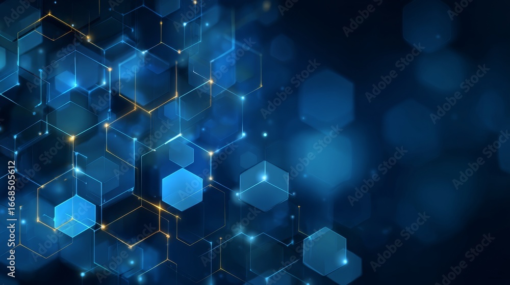 Poster abstract blue hexagon shapes and connecting lines forming futuristic digital background with modern 