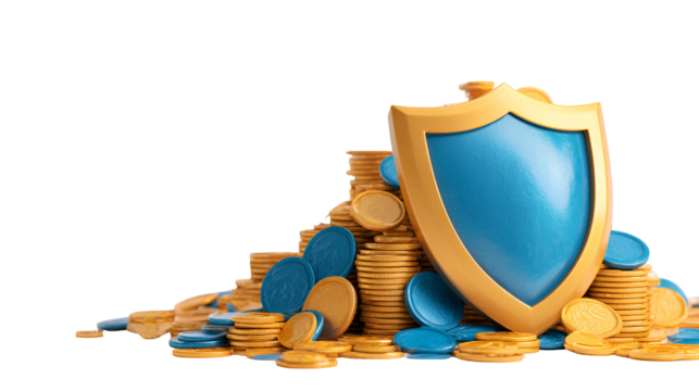 Gold coins protected by a shield financial security wealth