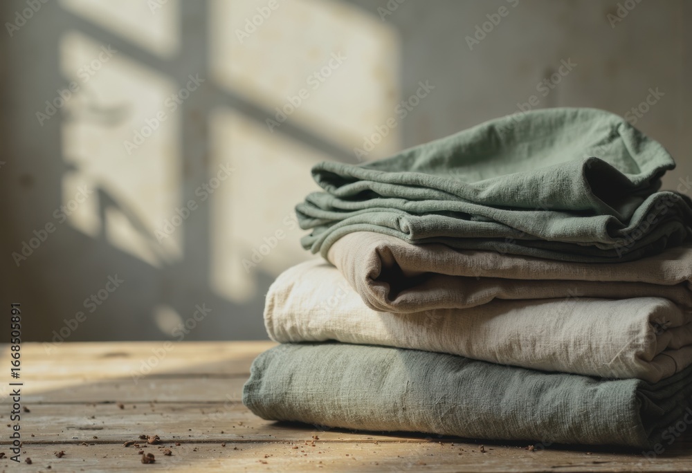Poster folded linens stacked neatly on a laundry table, showcasing simplicity and organization