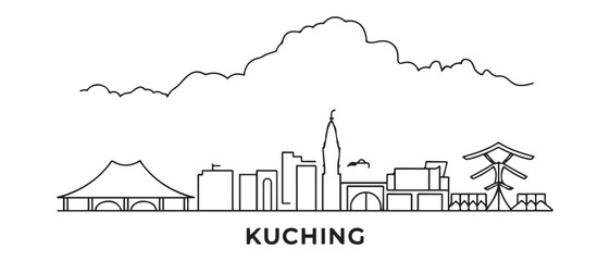 Obraz premium Kuching Line Art Skyline Sarawaks Capital Cityscape. with white background