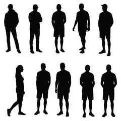 A group of people silhouettes in various poses and clothing styles