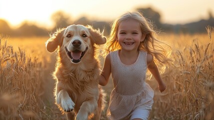 Child and golden retriever sprinting through sun-drenched wheat field at golden hour, highlighting dog's fluffy coat and wind-swept child hair, for family bonding, pet companionship