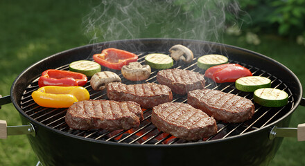 Delicious steaks and vegetables sizzling on a barbecue grill, smoke rising