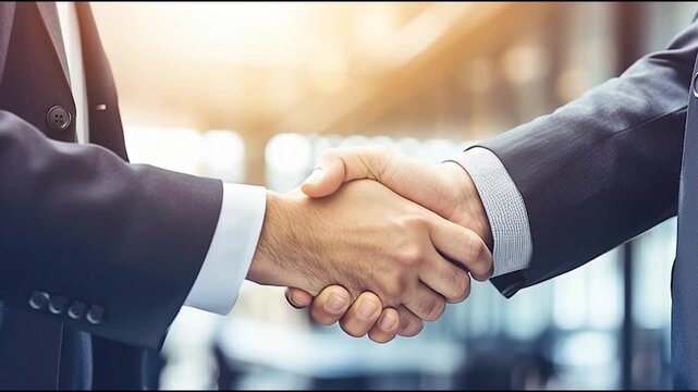 Handshake of Partnership: Two business professionals seal a deal, symbolizing agreement, collaboration, and trust with a firm handshake, bathed in the soft glow of mutual respect.