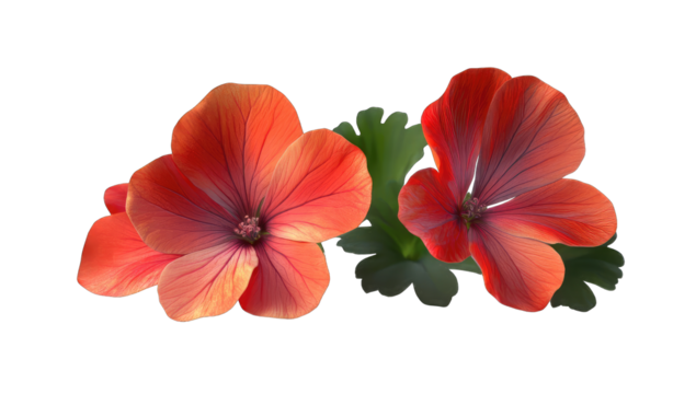 Two vibrant orange-red flowers with dark green leaves - Powered by Adobe