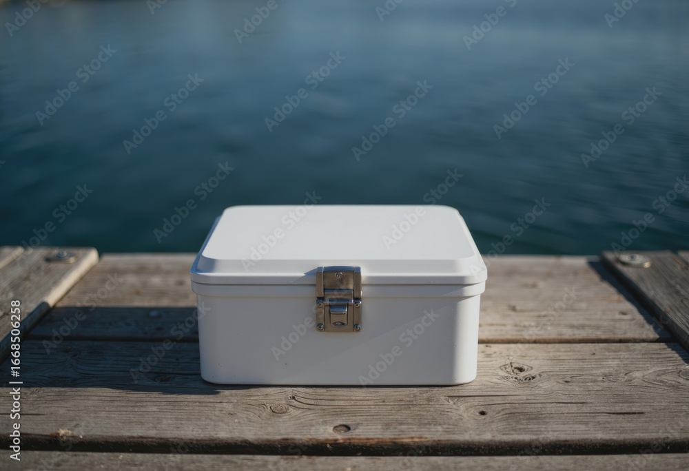 Poster closed dock box with a secure latch resting on a wooden pier