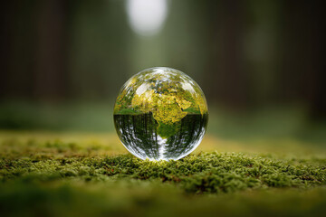 Eco-friendly globe reflection on green moss nature conservation concept america environmental protection day sustainable future crystal sphere view