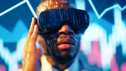 Young Black male wearing futuristic VR headset, exploring digital realms with a sense of wonder, blending technology and imagination for virtual adventures