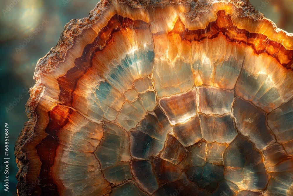Poster close-up of a polished gemstone displaying intricate, radiating patterns of warm oranges and cool bl