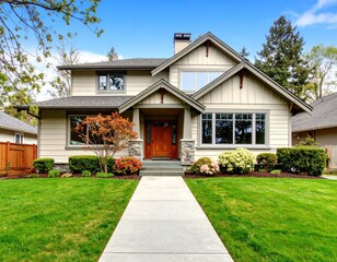 A well maintained two story house with a green lawn and a concrete walkway on a sunny day outside