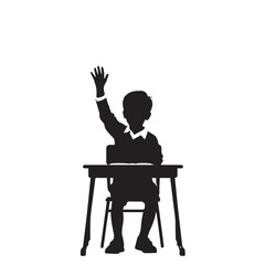 Vector art of silhouette of a young boy sitting at a desk and raising his hand