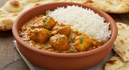 Delicious Indian curry with fluffy white rice and naan bread, appetizing meal