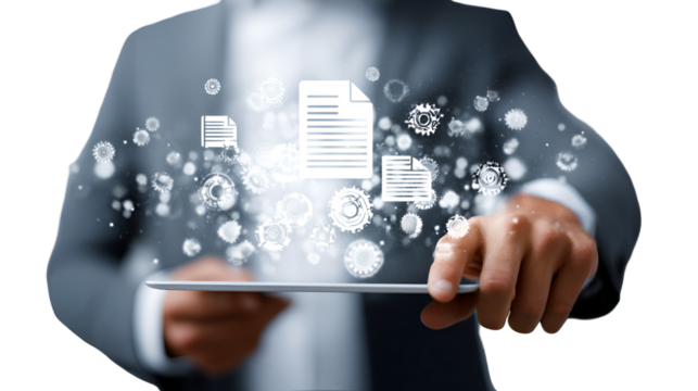 Businessman using tablet digital document management system gears