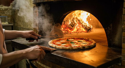 A delicious pizza is being cooked in a traditional wood-fired oven. A person places the pizza in oven, near the heat, to bake until perfection. The warm lighting evokes the feeling of warmth
