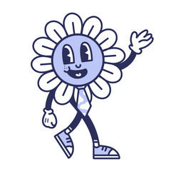 A friendly retro cartoon flower character, wearing a tie and shoes, smiles while walking and waving.