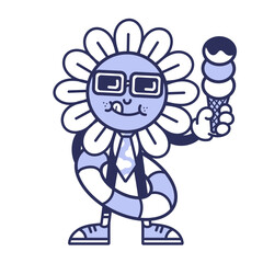 A cheerful anthropomorphic flower character enjoys a delicious ice cream cone, with a stylish tie.
