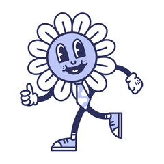 Cartoon flower character walking, giving a thumbs up, and wearing a tie.