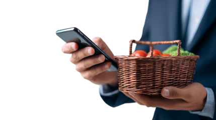 Businessman holding smartphone and vegetable basket healthy food online shopping