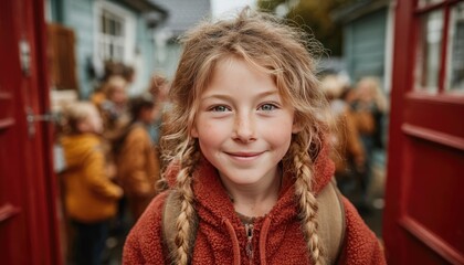 Fototapeta premium Girl with red backpack greeting friends on first day of school