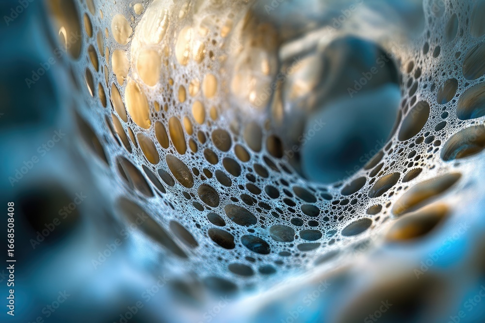 Poster close-up of a soap bubble structure revealing intricate network of interconnected bubbles.