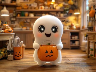 Adorable ghost holding a pumpkin bucket in a halloween decorated kitchen